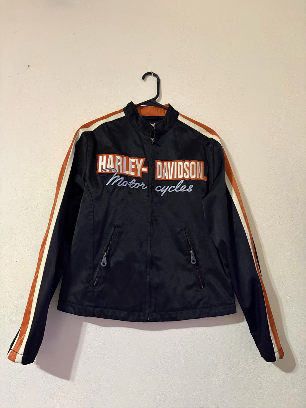 Vintage Harley-Davidson Black Jacket with Orange & Cream Racing Stripes